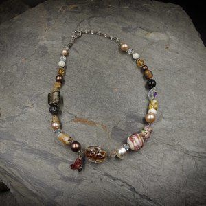 Mixed Lampwork Necklace on Wire with Handmade Polymer Clay Flower - OOAK